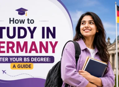 Banner titled 'How to Study in Germany After Your BS Degree: A Guide' featuring a smiling student with books, the German flag, and the Reichstag building, representing postgraduate study opportunities in Germany