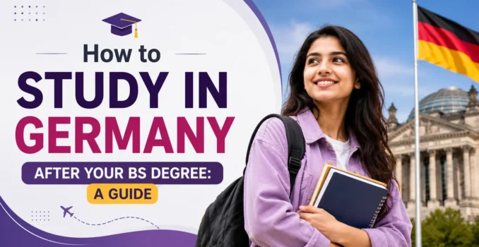 Banner titled 'How to Study in Germany After Your BS Degree: A Guide' featuring a smiling student with books, the German flag, and the Reichstag building, representing postgraduate study opportunities in Germany