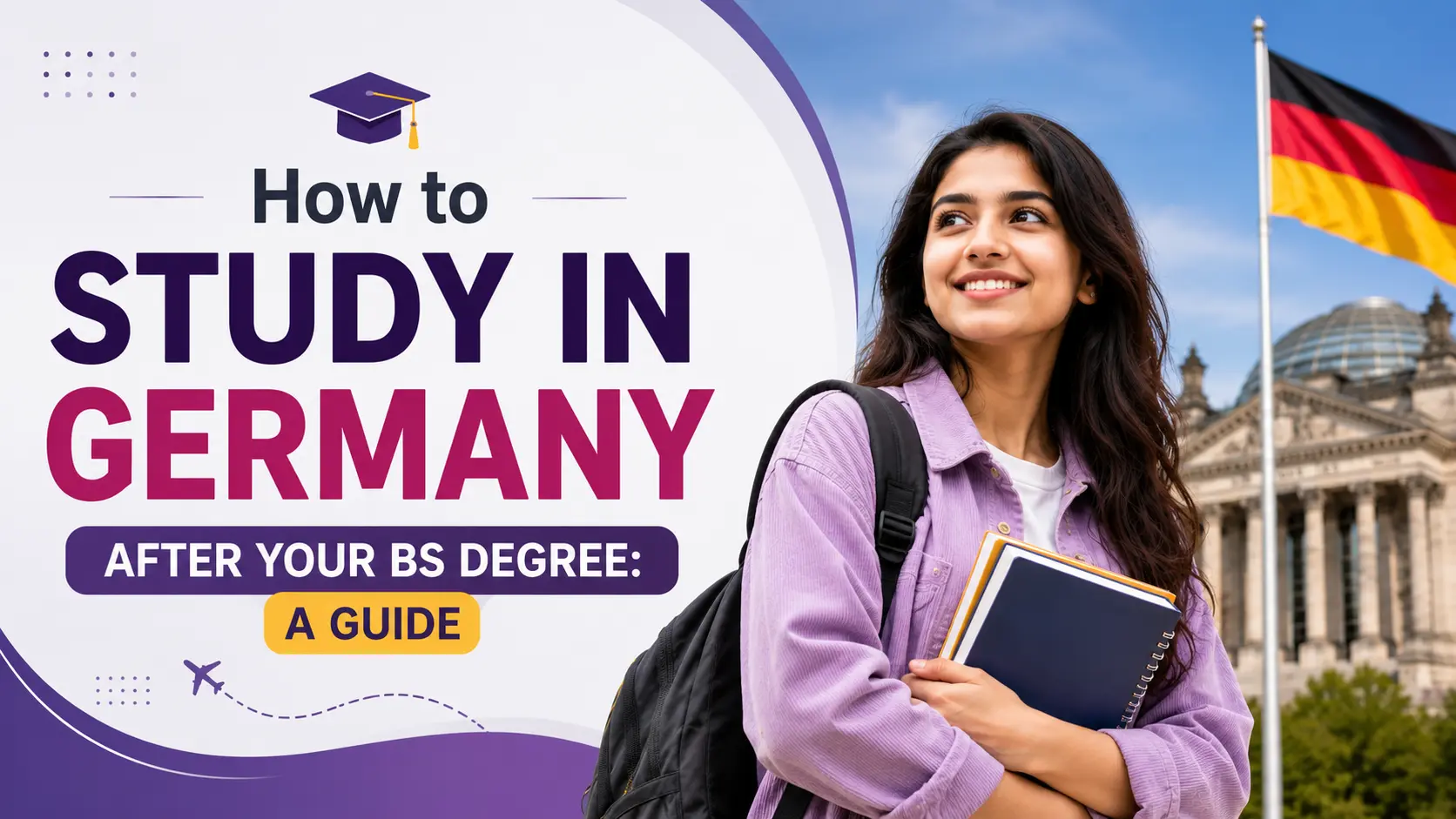 Banner titled 'How to Study in Germany After Your BS Degree: A Guide' featuring a smiling student with books, the German flag, and the Reichstag building, representing postgraduate study opportunities in Germany