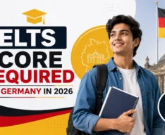 Educational banner titled 'IELTS Score Required for Germany in 2026' featuring a male student, German flag, checklist icon, and Germany landmarks, highlighting IELTS requirements for studying in Germany