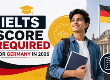 Educational banner titled 'IELTS Score Required for Germany in 2026' featuring a male student, German flag, checklist icon, and Germany landmarks, highlighting IELTS requirements for studying in Germany