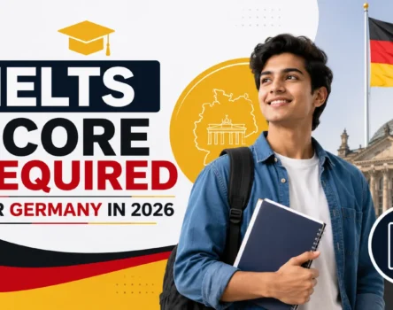 Educational banner titled 'IELTS Score Required for Germany in 2026' featuring a male student, German flag, checklist icon, and Germany landmarks, highlighting IELTS requirements for studying in Germany