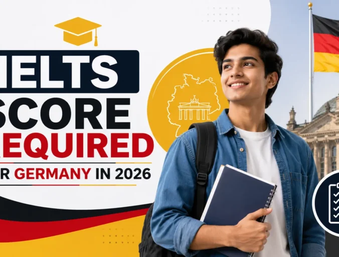Educational banner titled 'IELTS Score Required for Germany in 2026' featuring a male student, German flag, checklist icon, and Germany landmarks, highlighting IELTS requirements for studying in Germany