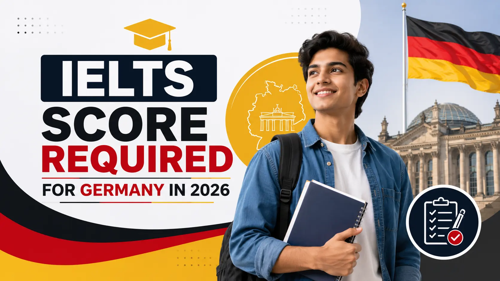 Educational banner titled 'IELTS Score Required for Germany in 2026' featuring a male student, German flag, checklist icon, and Germany landmarks, highlighting IELTS requirements for studying in Germany