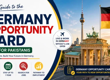 Germany Opportunity Card for Pakistanis guide featuring Berlin skyline, German flag, and key benefits including no job offer requirement, one-year stay, job search opportunities, and pathway to employment.