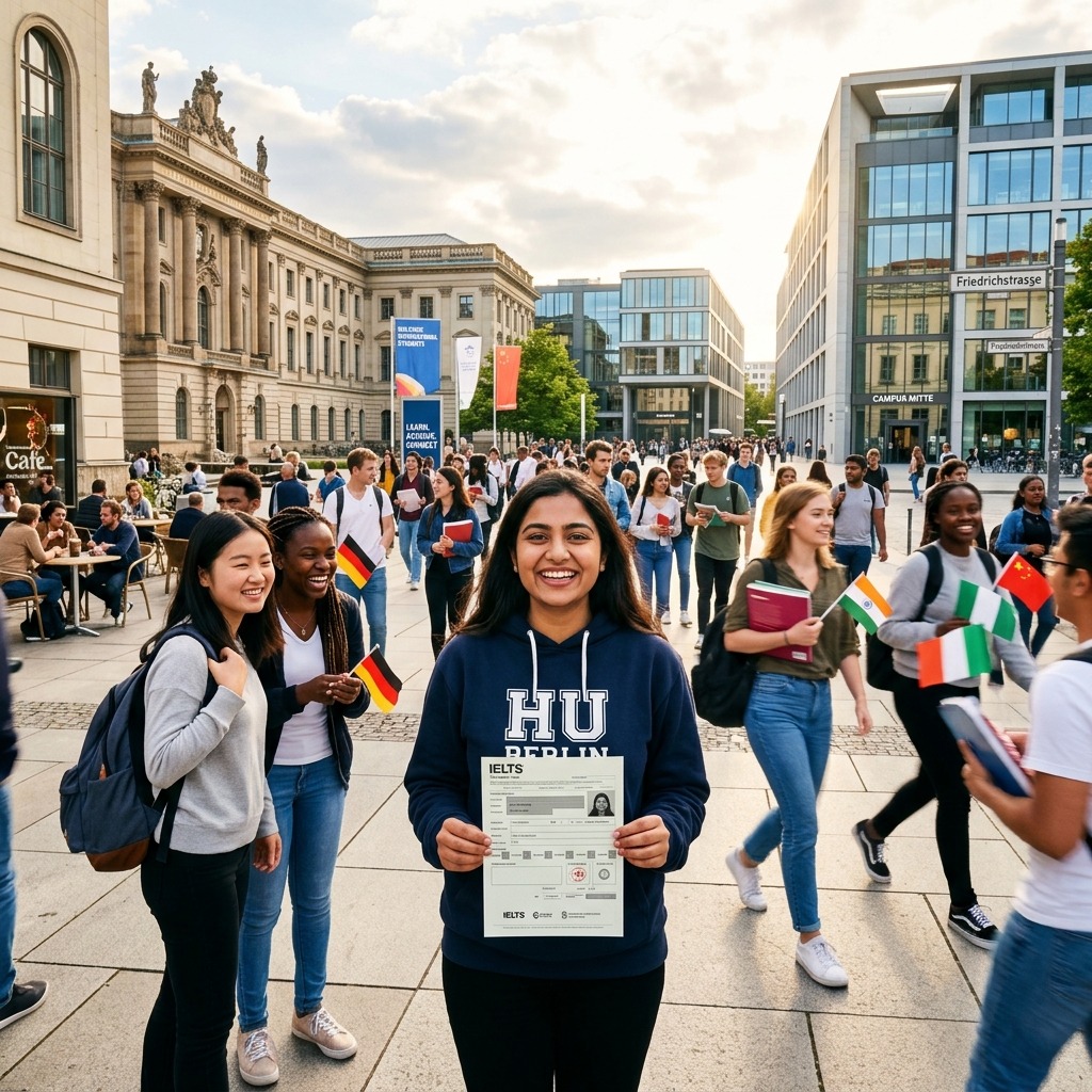 Student holding an IELTS certificate on a German university campus with international students, representing study in Germany.
