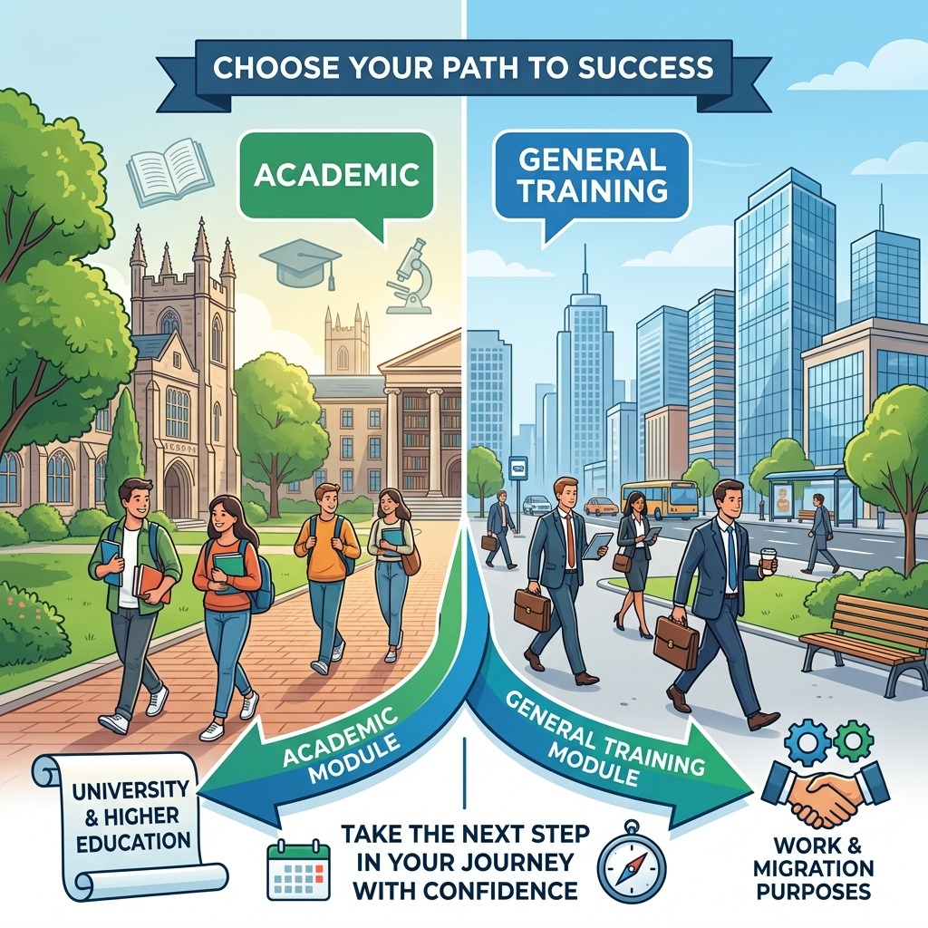 Comparison of IELTS Academic vs General Training for university study, work, and migration with illustrated career pathways