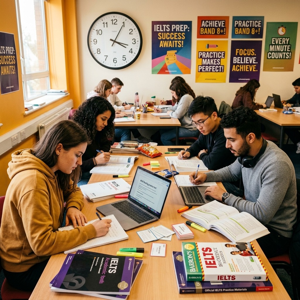 Students preparing for the IELTS exam in a classroom, studying with official IELTS books, laptops, notebooks, and practice materials under motivational posters focused on achieving high band scores