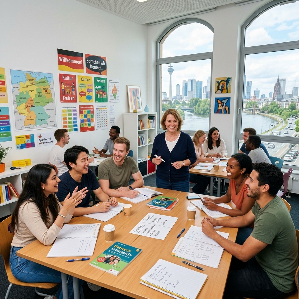 Students attending a German language class with an instructor, study materials, and German learning posters in a modern classroom