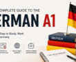 Featured image for the German A1 Course at IML Institute showing German language books, a German flag, and the title "German A1." The image represents beginner German learning, Goethe A1 exam preparation, study abroad opportunities, visas, and careers in Germany.