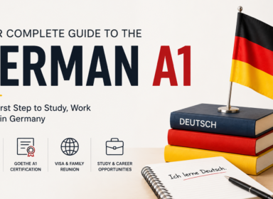 Featured image for the German A1 Course at IML Institute showing German language books, a German flag, and the title "German A1." The image represents beginner German learning, Goethe A1 exam preparation, study abroad opportunities, visas, and careers in Germany.