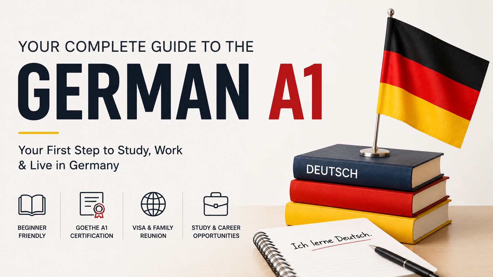 Featured image for the German A1 Course at IML Institute showing German language books, a German flag, and the title "German A1." The image represents beginner German learning, Goethe A1 exam preparation, study abroad opportunities, visas, and careers in Germany.