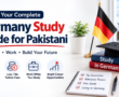Featured image for a Germany study guide showing German flag, graduation cap, books, study desk, and Germany landmarks, representing higher education, student visas, affordable tuition, and career opportunities for Pakistani students planning to study in Germany.
