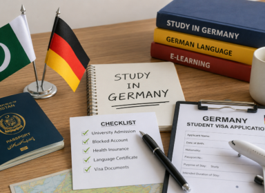 Simple study desk featuring German language books labeled A1–C2, a Goethe exam checklist, German flag, notebook, and study materials representing Goethe exam preparation for studying in Germany.