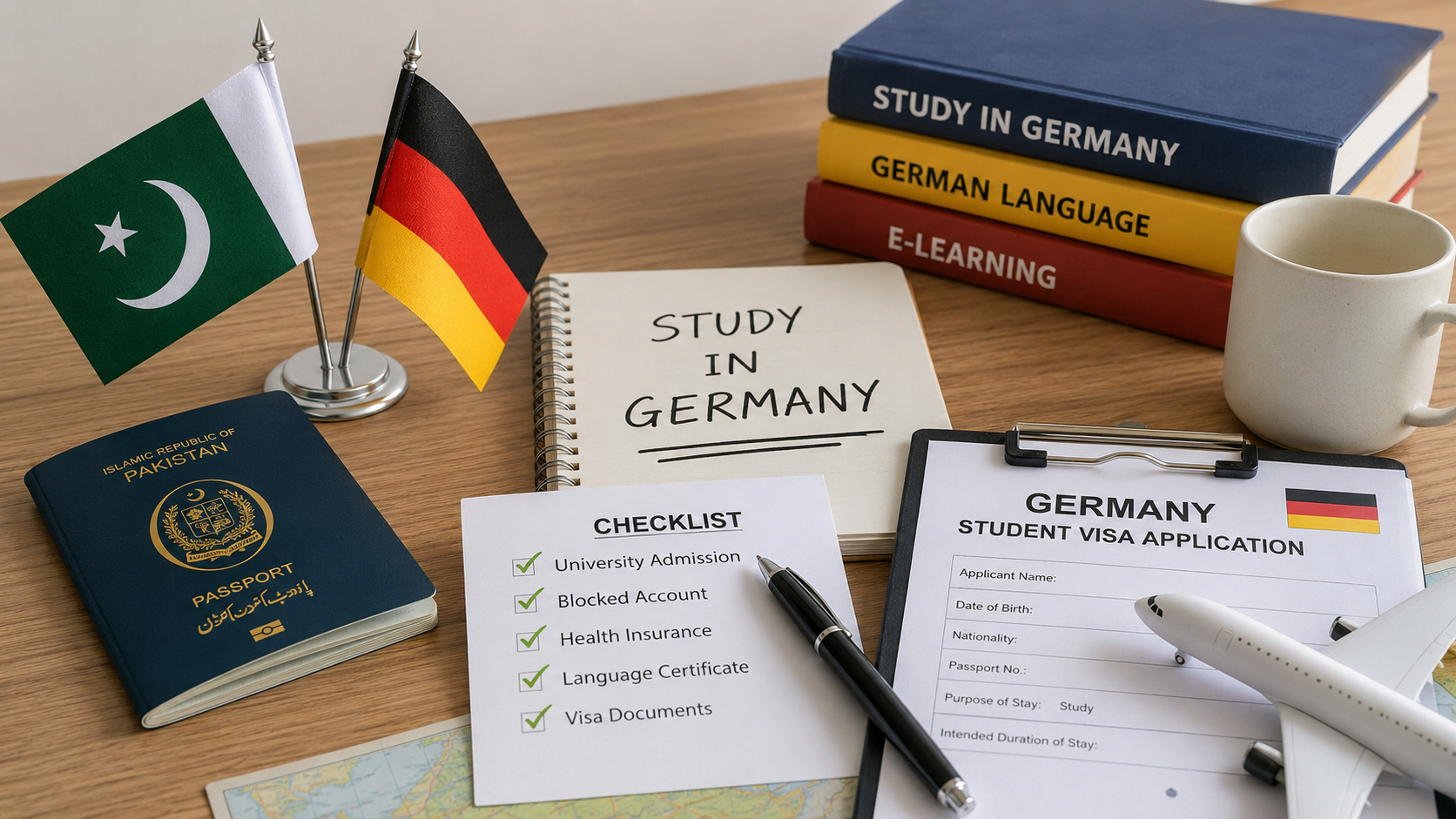 Simple study desk featuring German language books labeled A1–C2, a Goethe exam checklist, German flag, notebook, and study materials representing Goethe exam preparation for studying in Germany.