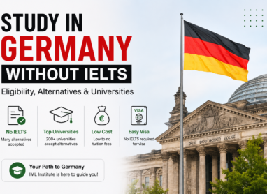 Student holding graduation cap with German flag and university building, highlighting study in Germany without IELTS, accepted alternatives, top universities, and student visa guidance.