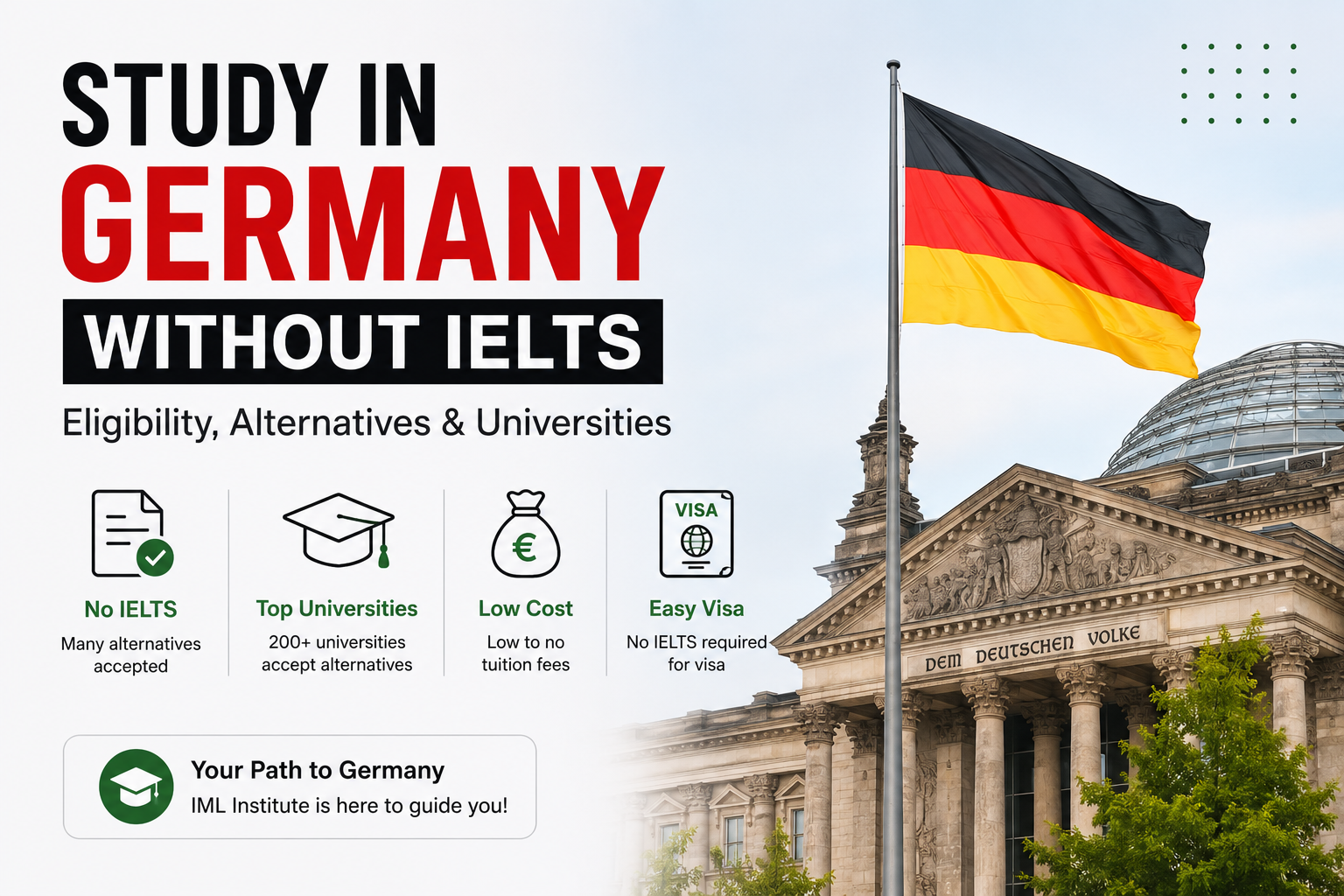 Student holding graduation cap with German flag and university building, highlighting study in Germany without IELTS, accepted alternatives, top universities, and student visa guidance.
