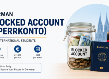 German blocked account (Sperrkonto) guide for international students with passport, savings jar, and German flag.