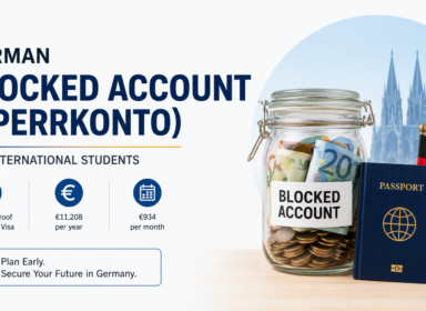 German blocked account (Sperrkonto) guide for international students with passport, savings jar, and German flag.