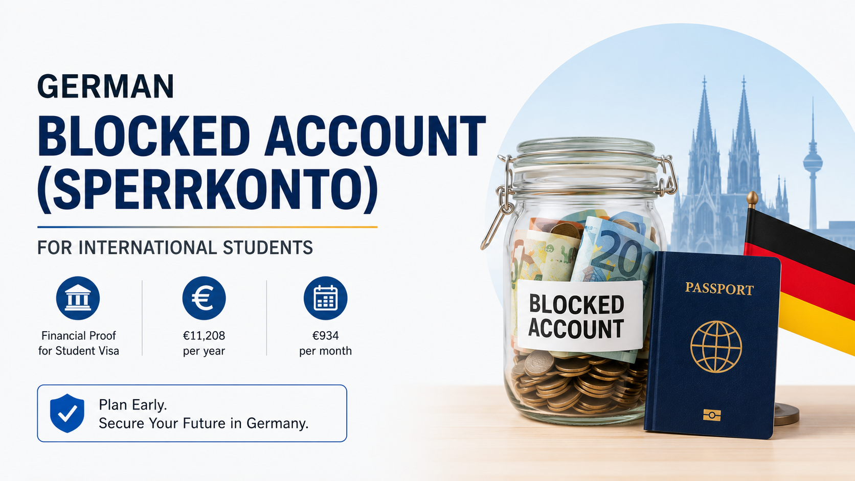 German blocked account (Sperrkonto) guide for international students with passport, savings jar, and German flag.