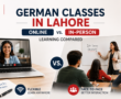 **Alt text:** German classes in Lahore comparing online and in-person learning, with flexible online study and face-to-face classroom interaction at IML.