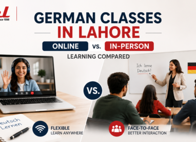 **Alt text:** German classes in Lahore comparing online and in-person learning, with flexible online study and face-to-face classroom interaction at IML.
